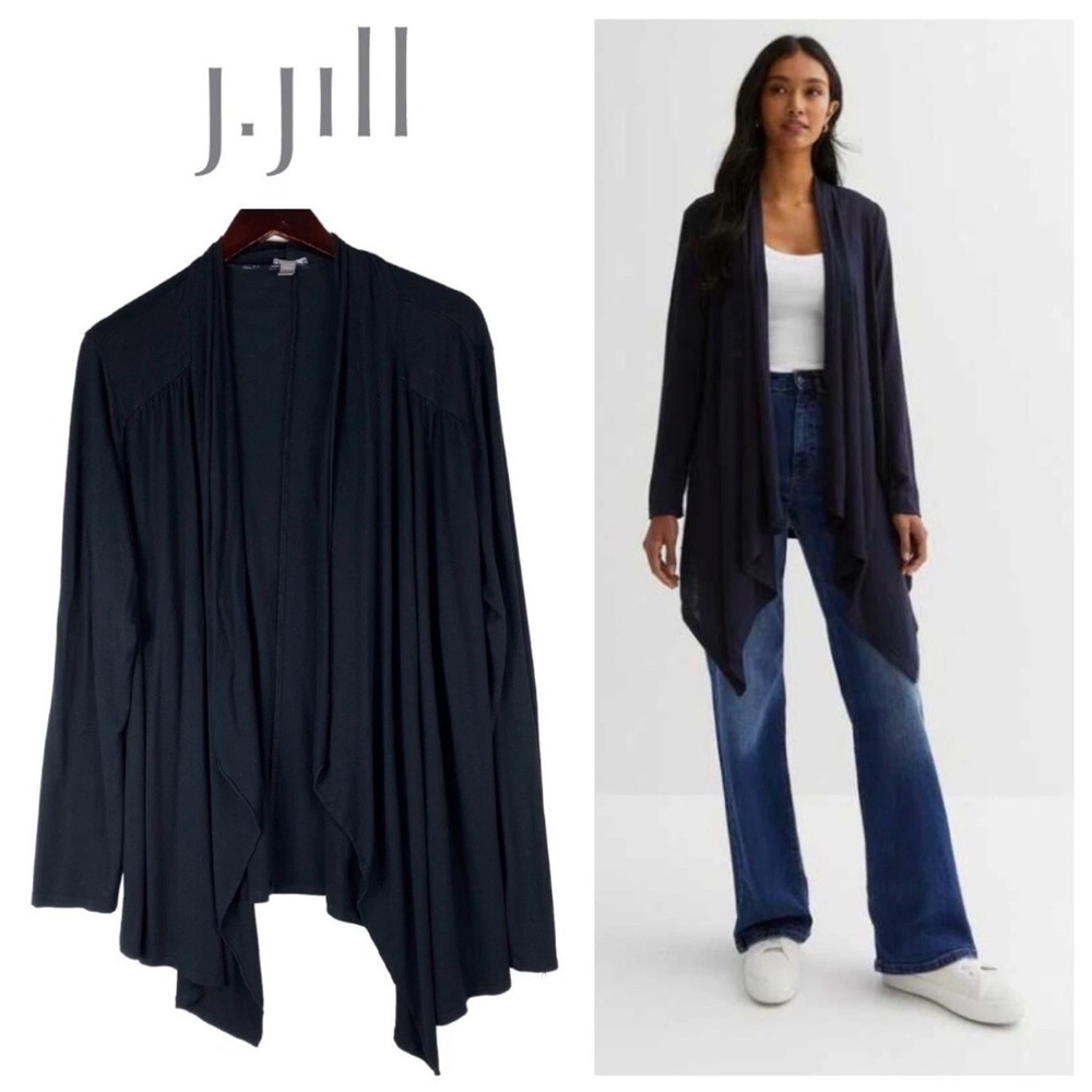 J Jill Cardigan Sweater Womens Large Petite Navy Rayon Stretch Minimalist
